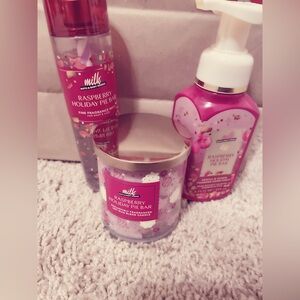 Bath & Body Works Raspberry Holiday Pie Hand Soap, candle, and mist set